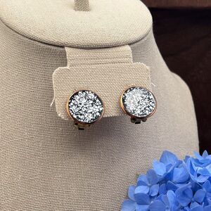 Black White Splatter Enamel Clip-On Earrings Copper Tone Round 2cm